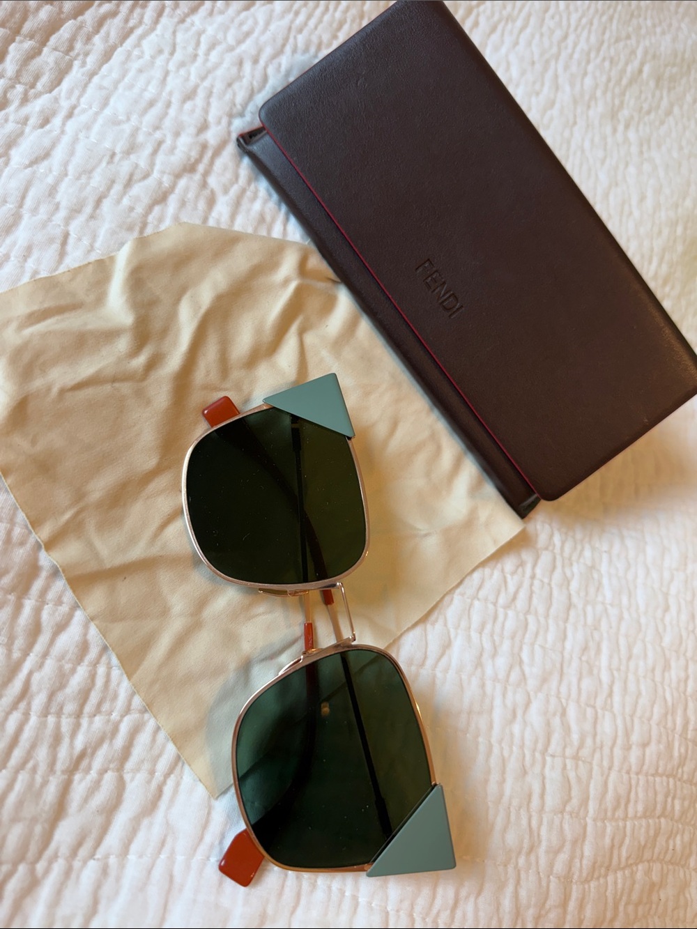 Fendi Gold-Frame Sunglasses with Dark Green Lenses and Mint & Rust Accents